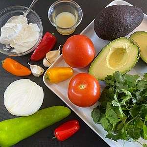 Avocado, tomatoes, peppers, herbs