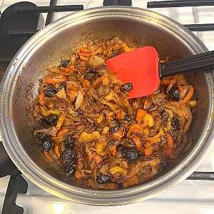 Caramelized onions, olives, and peppers