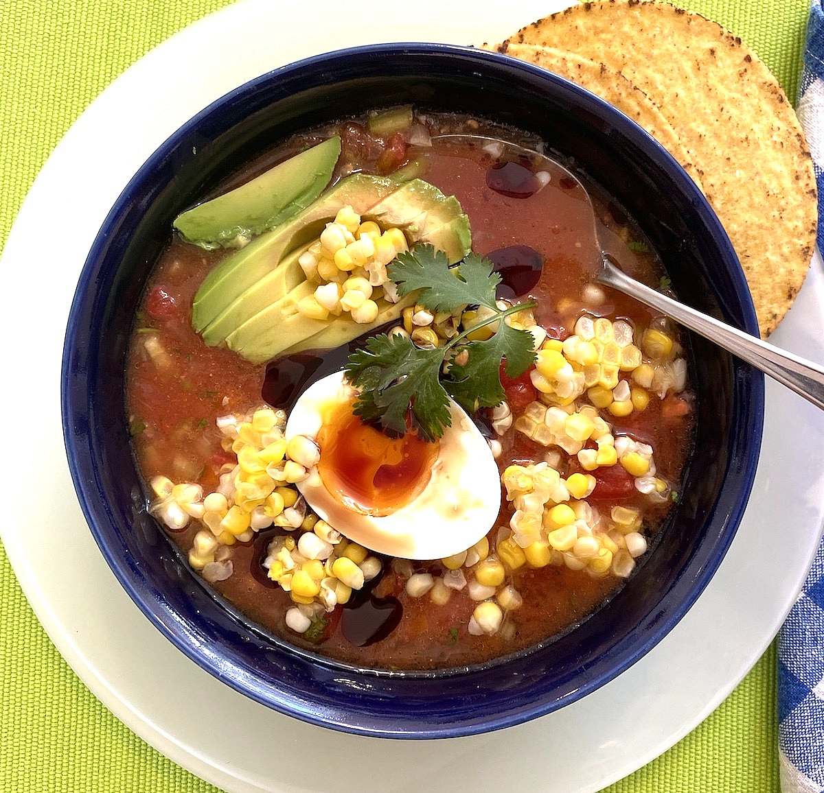 Gazpacho serving with egg half