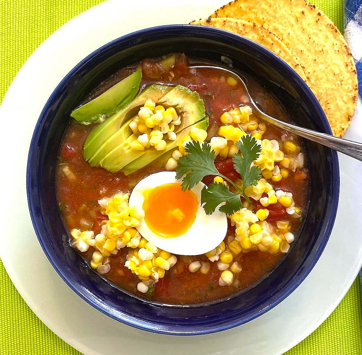 Summer Garden Gazpacho with Avocado, Sweet Corn, and Soft-Boiled Egg