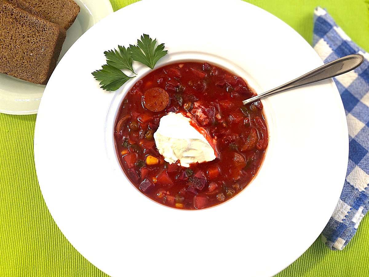 Cozy Plant-Based Borscht with Vegan Sausage and Smoked Cheese