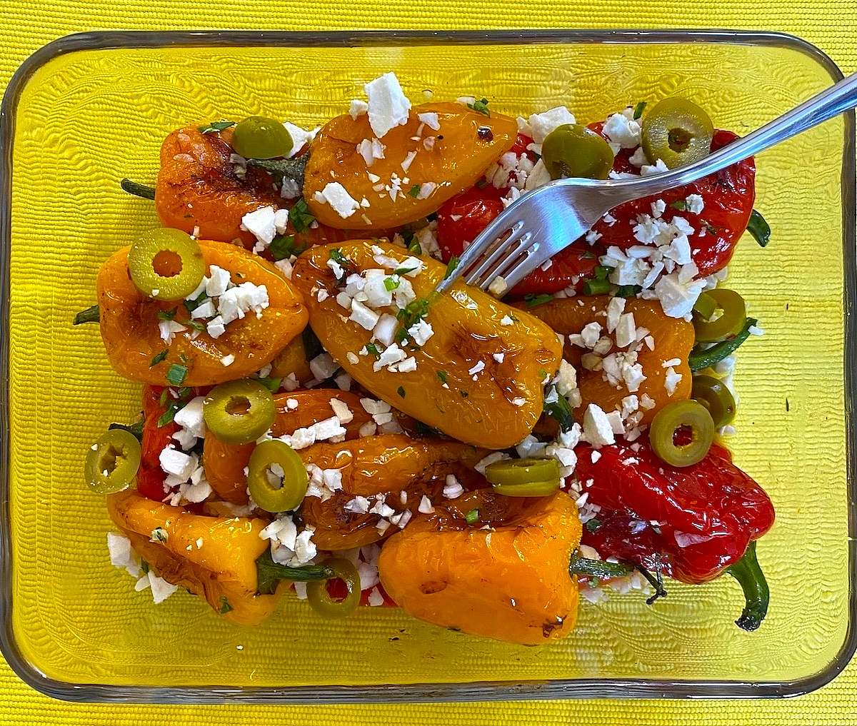 Charred Mini Pepper Salad with Feta, Olives & Herbs (Mediterranean Style)