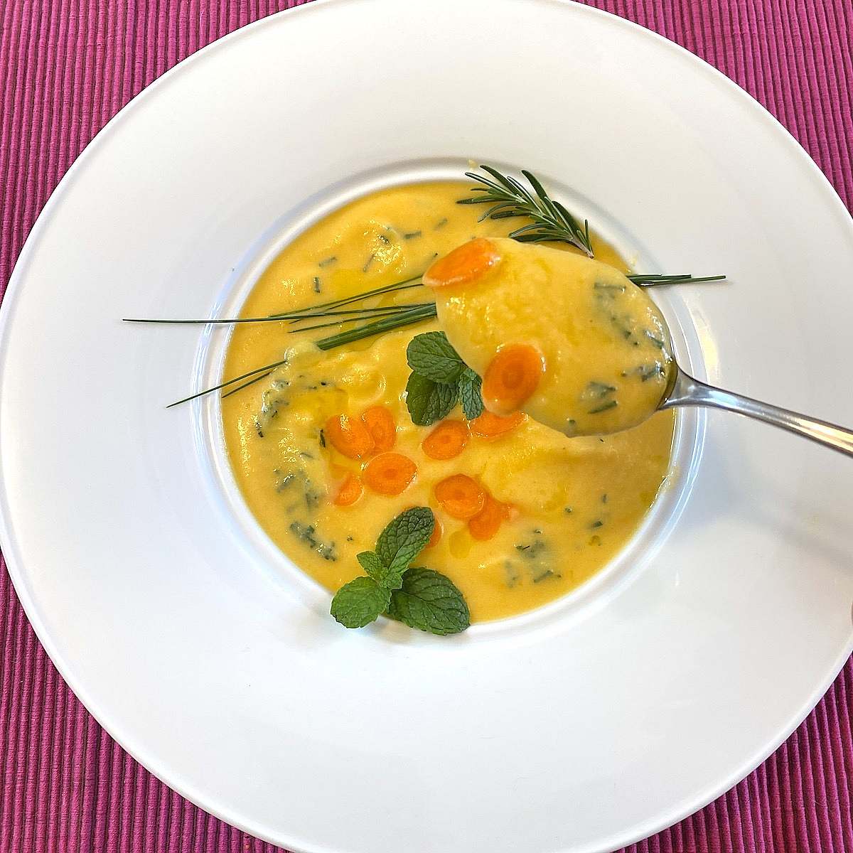 Silky Carrot, Parsnip & Potato Soup with Yogurt and Fresh Herbs